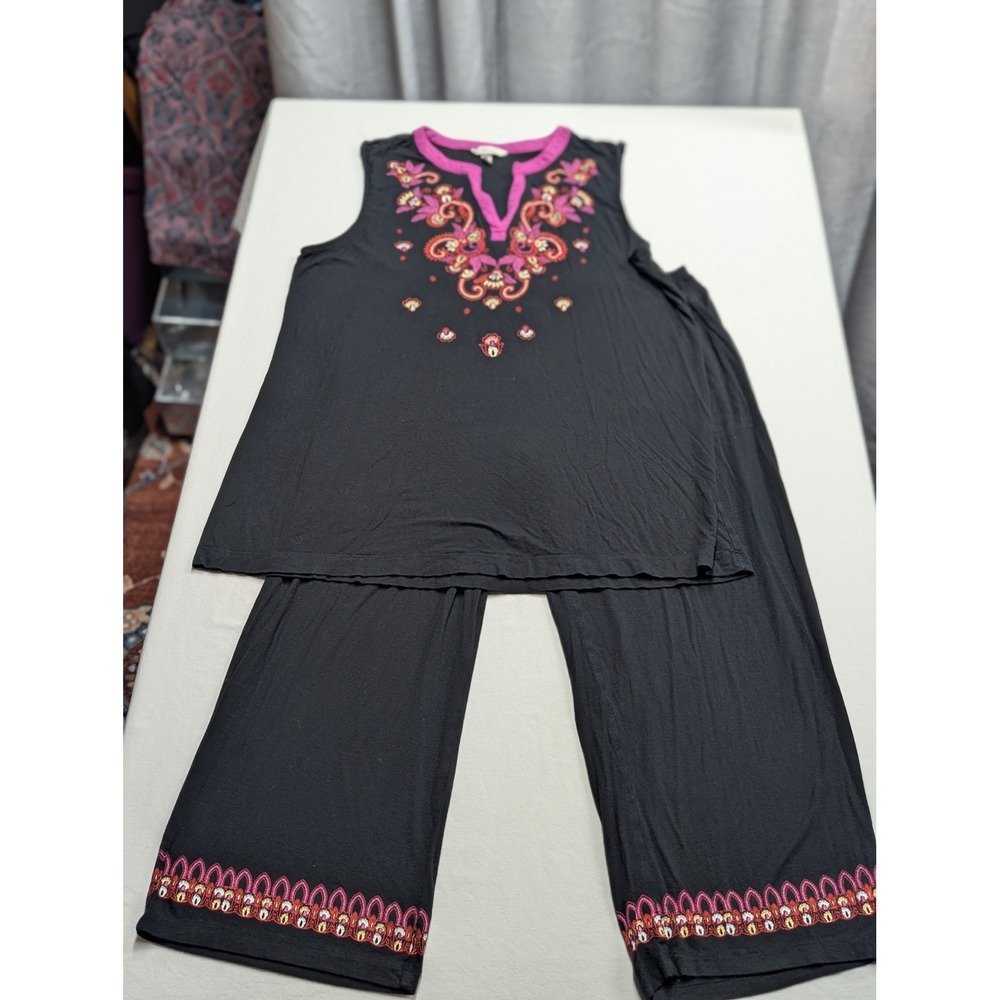 Soma Pajama Set Womens Large Black Pink Embroidered Sleeveless Top Wide Leg Pant